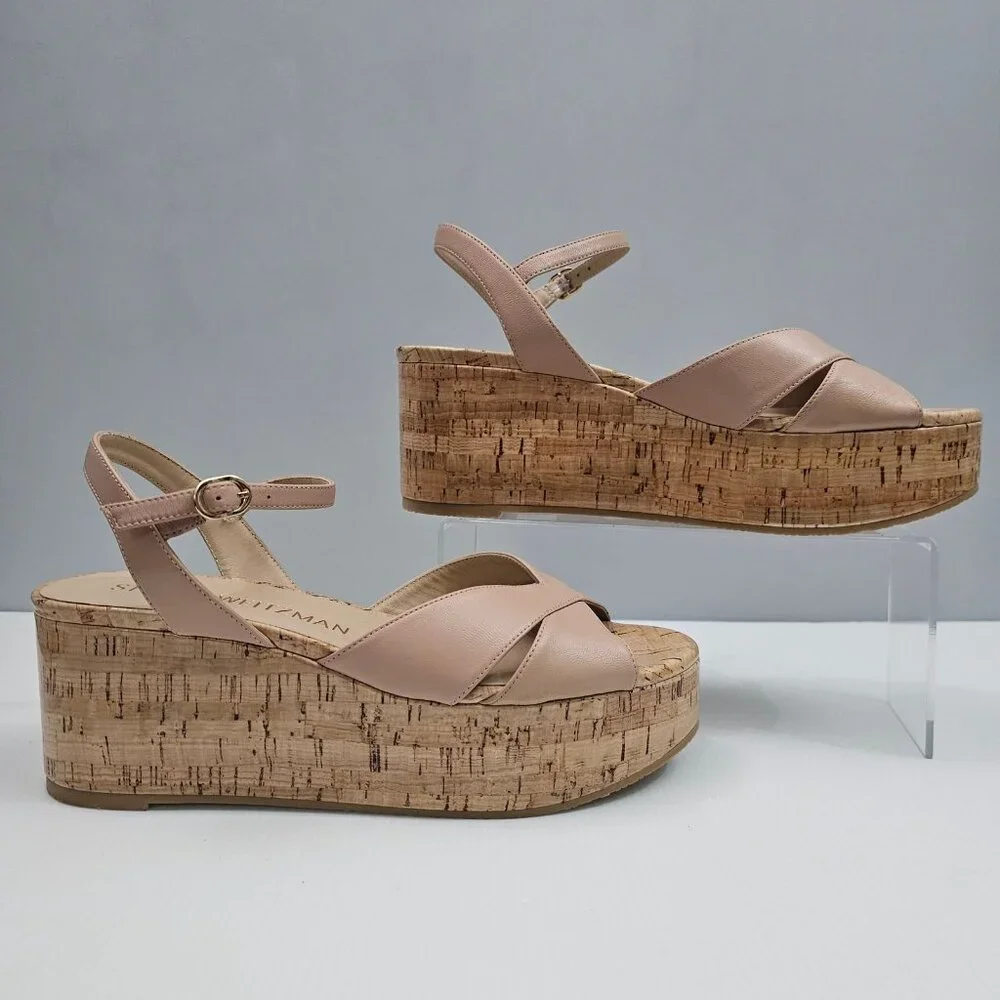 Stuart Weitzman Carmen Midi Wedge Sandal Womens 9.5 Beige Tan Platform Cork